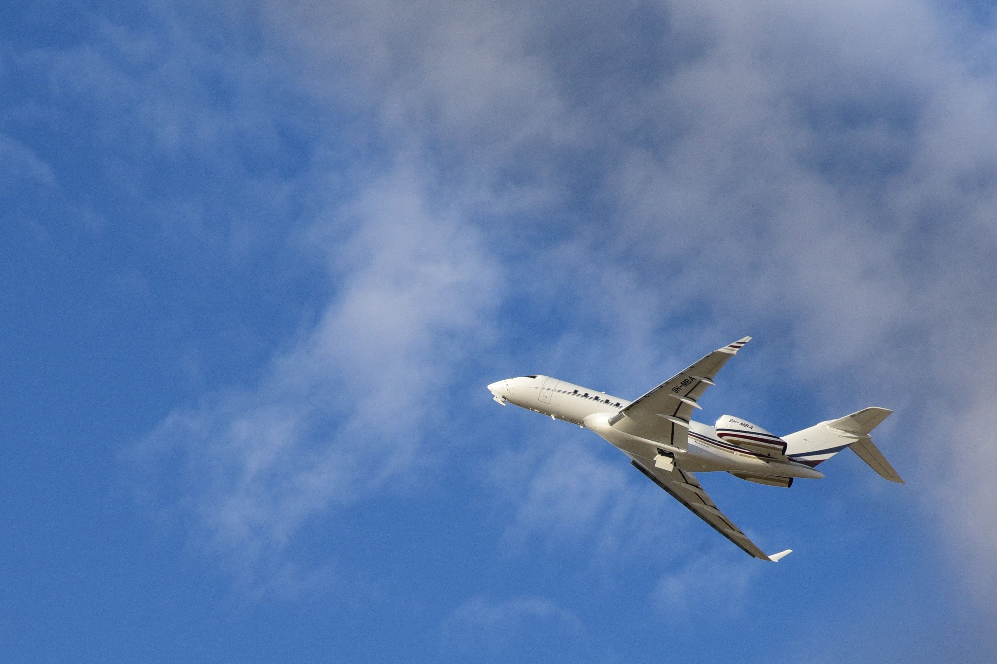 Aircraft climbing through a blue cloudy sky, representing travelling abroad with prescription medication.